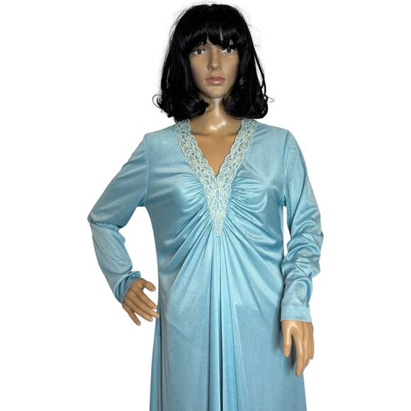 Vintage 60's OOAK unbranded laced V neck blue long sleeved maxi dress small - Picture 11 of 16